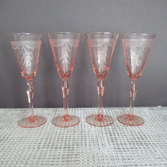 Vintage Crystal Pink Beveled Etched Wine Glasses Set of 4 - 7" Tall - Picture 10 of 14
